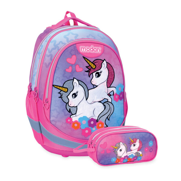 תיק אורטופדי וקלמר חד קרן זוגי פרחים סגול ורוד תיק אורטופדי וקלמר חד קרן זוגי פרחים סגול ורוד