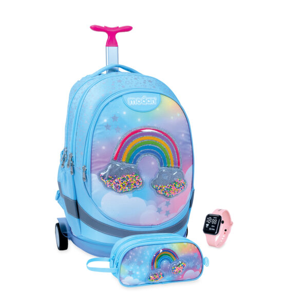 תיק טרולי וקלמר קשת בענן רקע תכלת